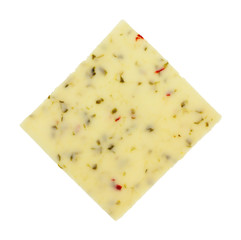 Single slice of pepper jack cheese isolated on a white background.