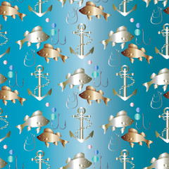 Fishing seamless pattern. Gold and silver fishes, silver anchor with chain and fishing hooks are on the gradient blue  background. Can be scaled to any size.