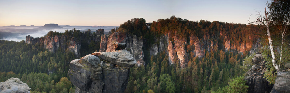 Morning shot of the Bastei, Elbe Sandstone Mountains, Saxon Switzerland, Germany