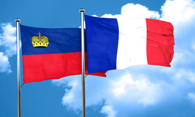 Liechtenstein flag with France flag, 3D rendering