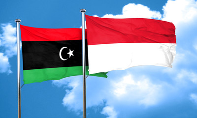 Libya flag with Indonesia flag, 3D rendering