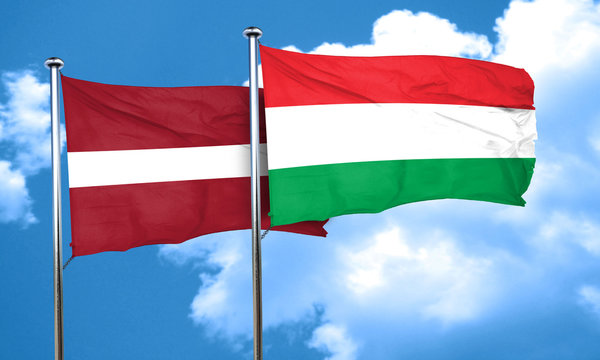 Latvia flag with Hungary flag, 3D rendering
