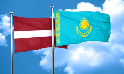 Latvia flag with Kazakhstan flag, 3D rendering