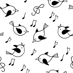 Seamless pattern with black and white funny birds.