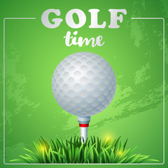 Golf ball on white tee and green grass
