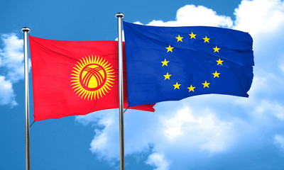 Kyrgyzstan flag with european union flag, 3D rendering