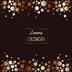 Vector frame with gold sparkles. Bronze blobs frame on black backdrop. Golden shiny background. Gold glitter background. Vector dark background with gold snow