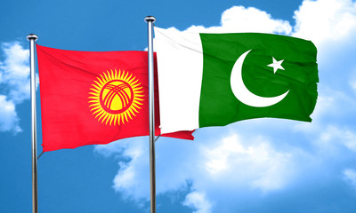 Kyrgyzstan flag with Pakistan flag, 3D rendering