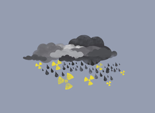 Grey clouds raining drops of water and radioactive symbols