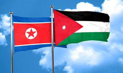North Korea flag with Jordan flag, 3D rendering