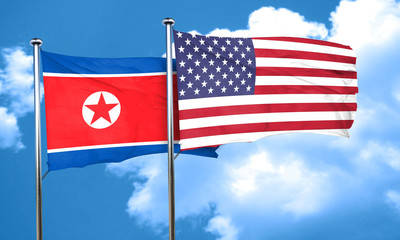 North Korea flag with American flag, 3D rendering