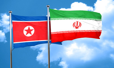 North Korea flag with Iran flag, 3D rendering
