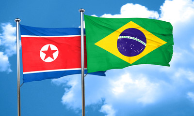 North Korea flag with Brazil flag, 3D rendering