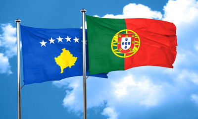 Kosovo flag with Portugal flag, 3D rendering