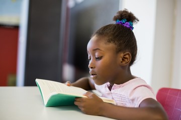 School girl reading book in classroom - Powered by Adobe