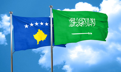 Kosovo flag with Saudi Arabia flag, 3D rendering