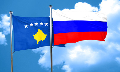 Kosovo flag with Russia flag, 3D rendering