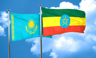 Kazakhstan flag with Ethiopia flag, 3D rendering