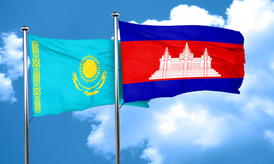 Kazakhstan flag with Cambodia flag, 3D rendering