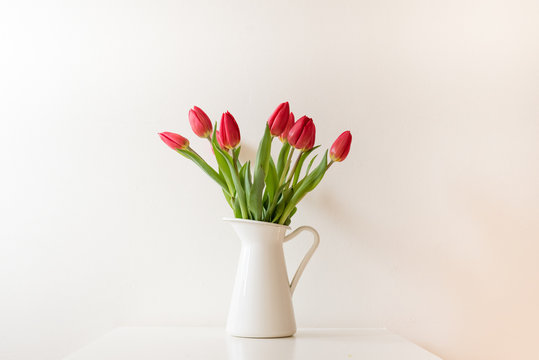 Red tulips in white jug on white table against white wall