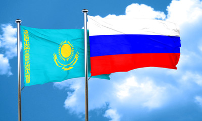 Kazakhstan flag with Russia flag, 3D rendering