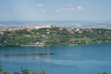 Panoramic view of Castel Gandolfo town and the Albano Lake, Italy