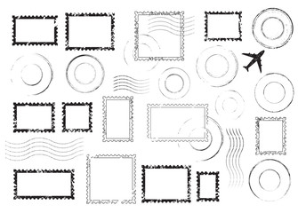 Set of postal stamps and postmarks, black isolated on white background, vector illustration.