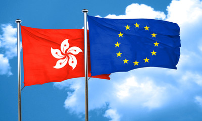 hong kong flag with european union flag, 3D rendering