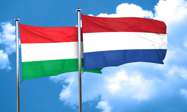 Hungary flag with Netherlands flag, 3D rendering