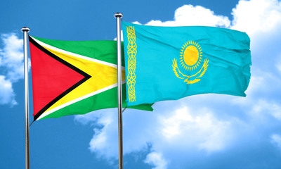 Guyana flag with Kazakhstan flag, 3D rendering