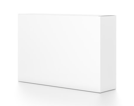 White wide horizontal rectangle blank box from side angle.