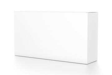 White wide horizontal rectangle blank box from side angle.