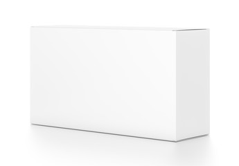 White wide horizontal rectangle blank box from side angle.