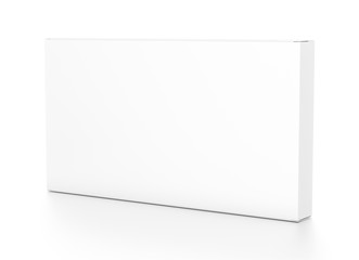 White wide thin horizontal rectangle blank box from side angle.