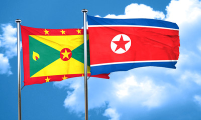 Grenada flag with North Korea flag, 3D rendering