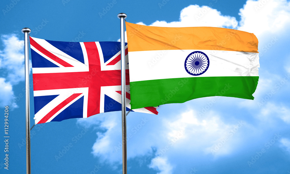 Wall mural Great britain flag with India flag, 3D rendering