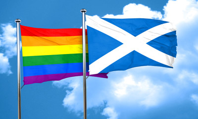 Gay pride flag with Scotland flag, 3D rendering