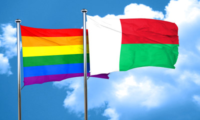 Gay pride flag with Madagascar flag, 3D rendering