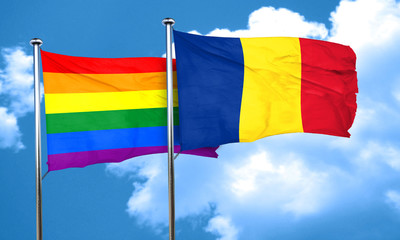 Gay pride flag with Romania flag, 3D rendering