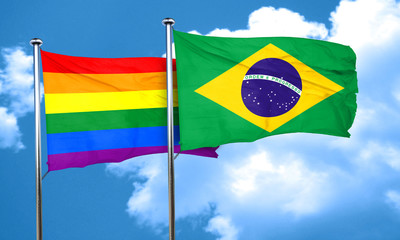 Gay pride flag with Brazil flag, 3D rendering