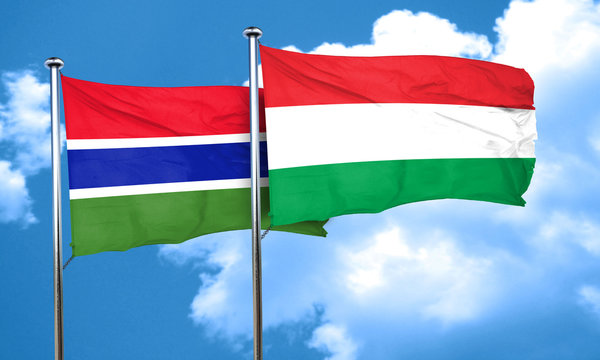 Gambia flag with Hungary flag, 3D rendering