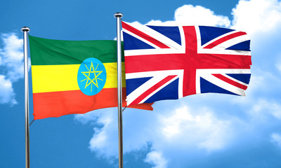 Ethiopia flag with Great Britain flag, 3D rendering