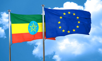 Ethiopia flag with european union flag, 3D rendering