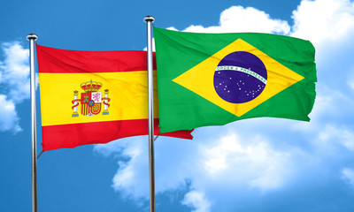 Spanish flag with Brazil flag, 3D rendering