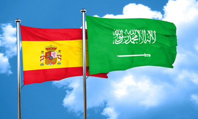 Spanish flag with Saudi Arabia flag, 3D rendering