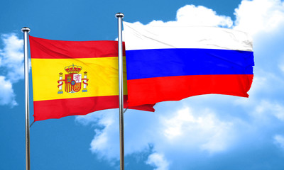 Spanish flag with Russia flag, 3D rendering