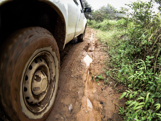 The car's wheels on the dirt road.