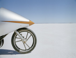 Detail of a racing motorcycle on a salt flat, Lake Gairdner, South Australia, Australia