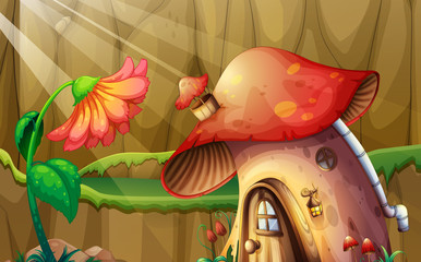Scene with mushroom house and flower