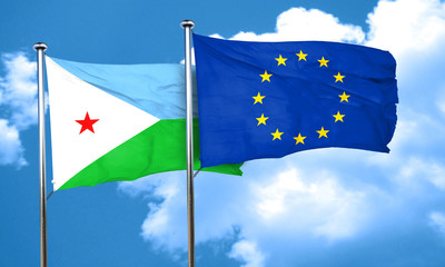 Djibouti flag with european union flag, 3D rendering